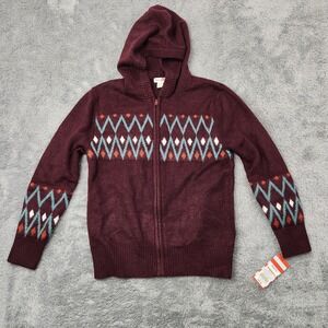 Cat & Jack Sweater Kids M 8/10 Burgundy Full Zip Hooded Fair Isle Geometric Knit